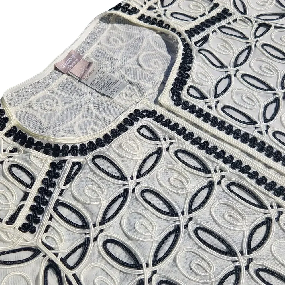 CHICOS TRAVELERS WOMEN OPEN DRESSY CARDIGAN JACKET BLAZER BLACK WHITE SZ 2 LG 12 - Picture 10 of 10